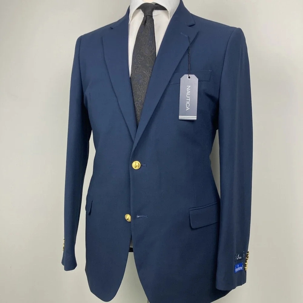 Nautica Mens Modern fit Sport Coat Blazer 42R Navy Blue Solid Stretch